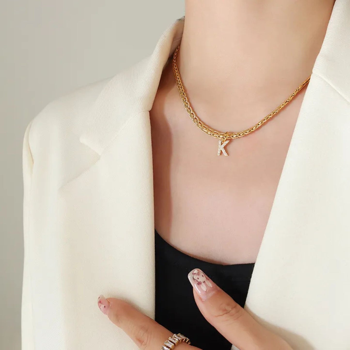Brass Inlaid Zircon Letter Pendant Necklace K-Q