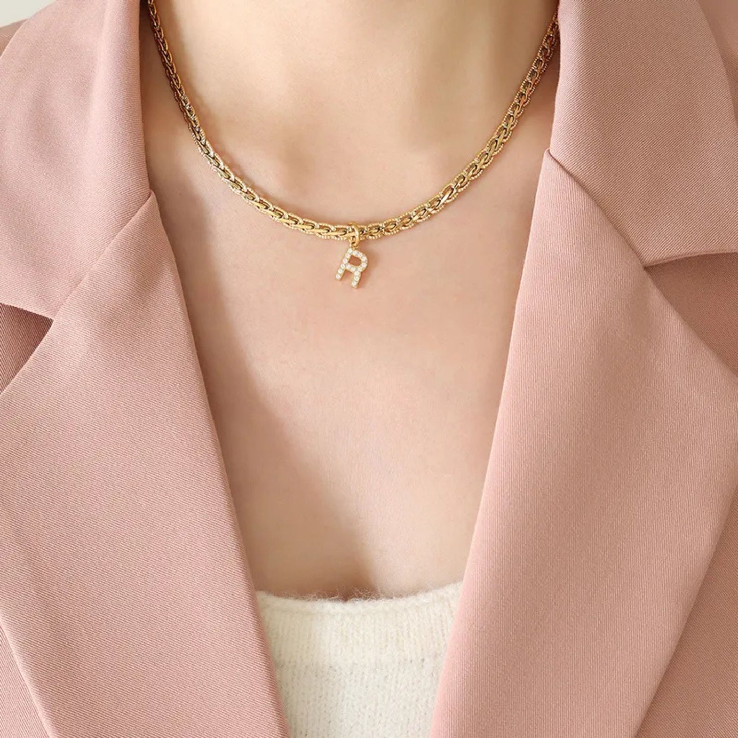 Brass Inlaid Zircon Letter Pendant Necklace R, S, T, U, V, W, Z