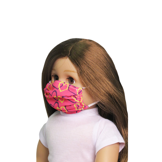 Bright Pink Hearts Face Mask for 18 inch dolls on doll