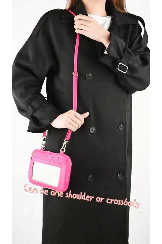 Bright Pink FashionCell Phone Crossbody Bag Clutch on Model with coat