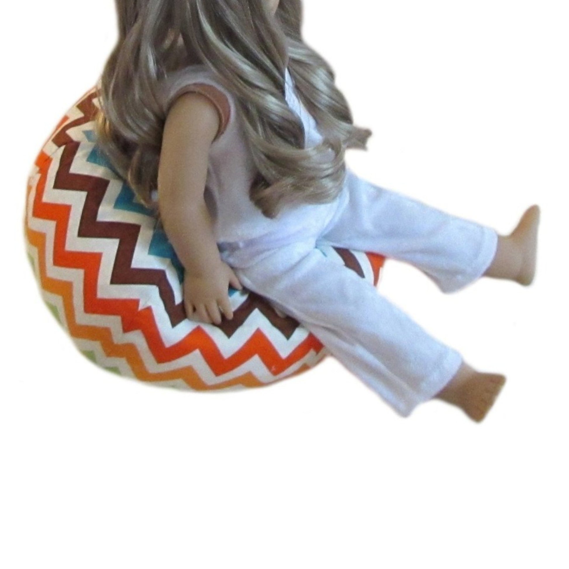 Brown Orange Turquoise Chevron Doll Bean Bag Chair for 18-inch dolls with doll Side view