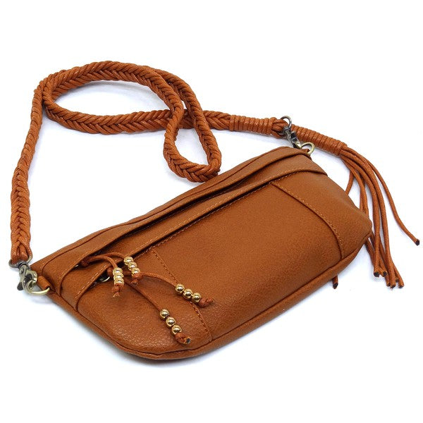 Brown Braided Tassel Strap Crossbody Bag Flat