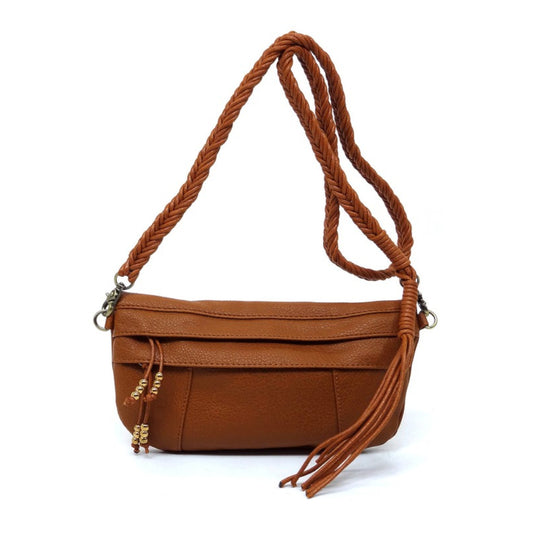 Brown Braided Tassel Strap Crossbody Bag Front view Strap Up