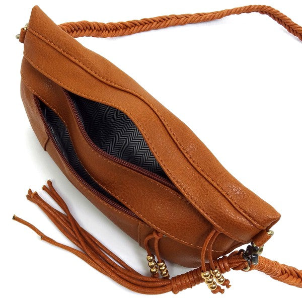 Brown Braided Tassel Strap Crossbody Bag Inside view