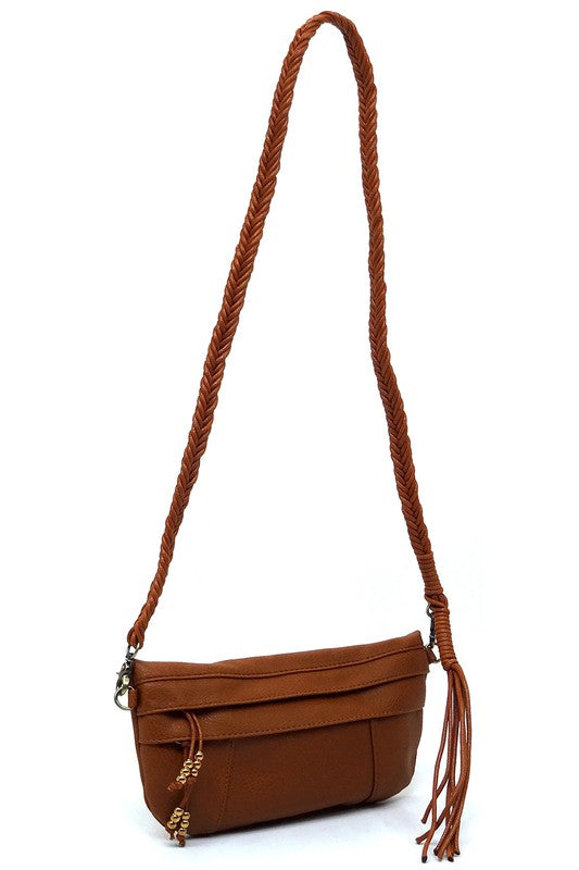 Brown Braided Tassel Strap Crossbody Bag Strap Up
