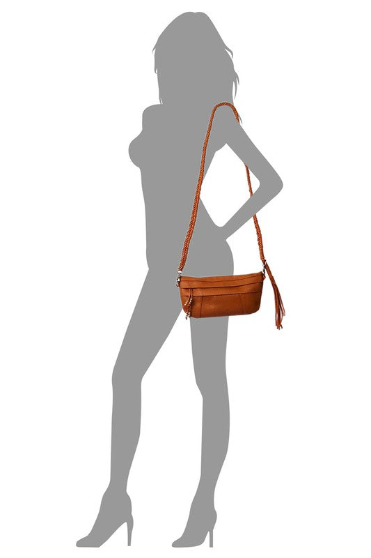 Brown Braided Tassel Strap Crossbody Bag on Mannequin