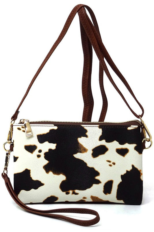 Brown Cow Fashion Crossbody Bag Clutch Wristlet Front view Strap Up