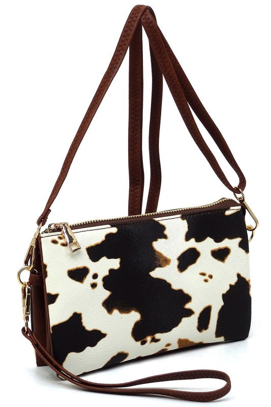 Brown Cow Fashion Crossbody Bag Clutch Wristlet Side view Strap Up