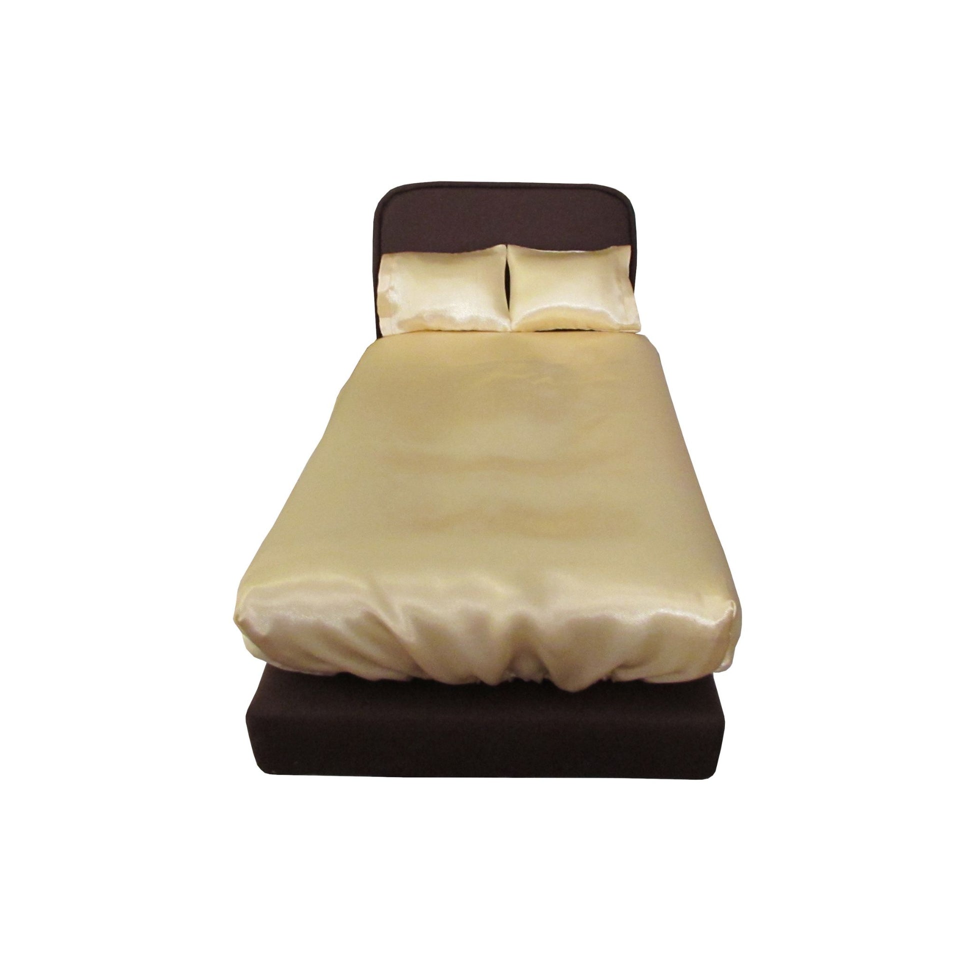 Brown doll bed with light yellow pillowcases and fitted sheet for 11.5-inch to 12-inch dolls