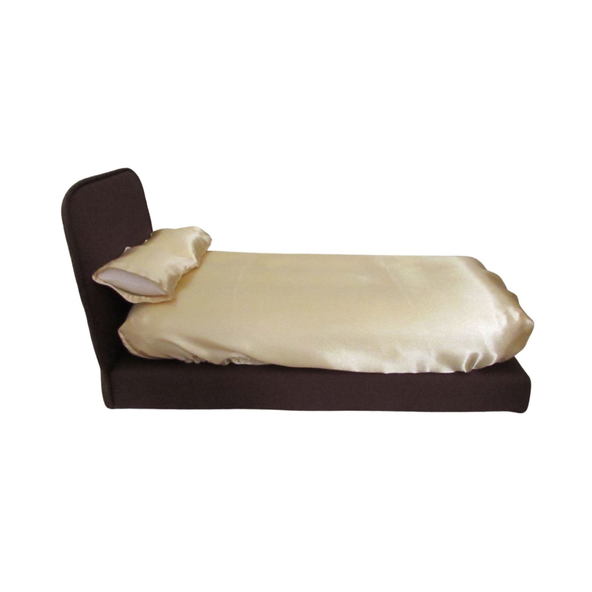 Brown doll bed with yellow pillowcases and fitted sheet for 11.5-inch to 12-inch dolls - Side view
