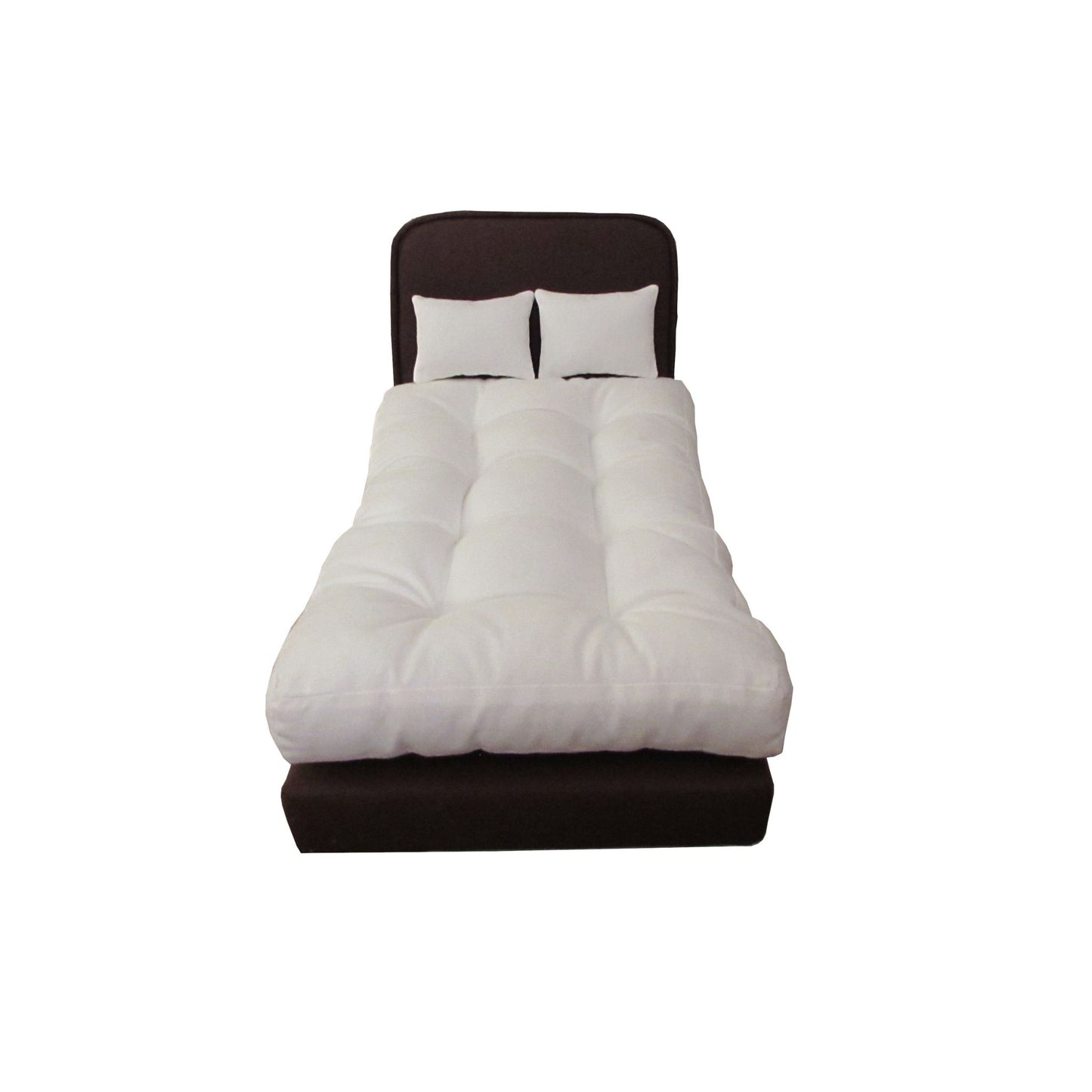 White mattress and pillows on a brown doll bed on a white background