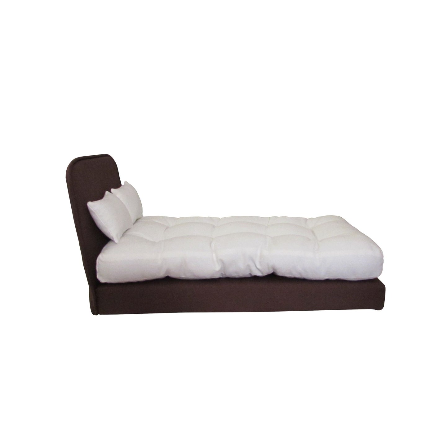 White doll mattress and two pillows on a brown doll bed - Side view