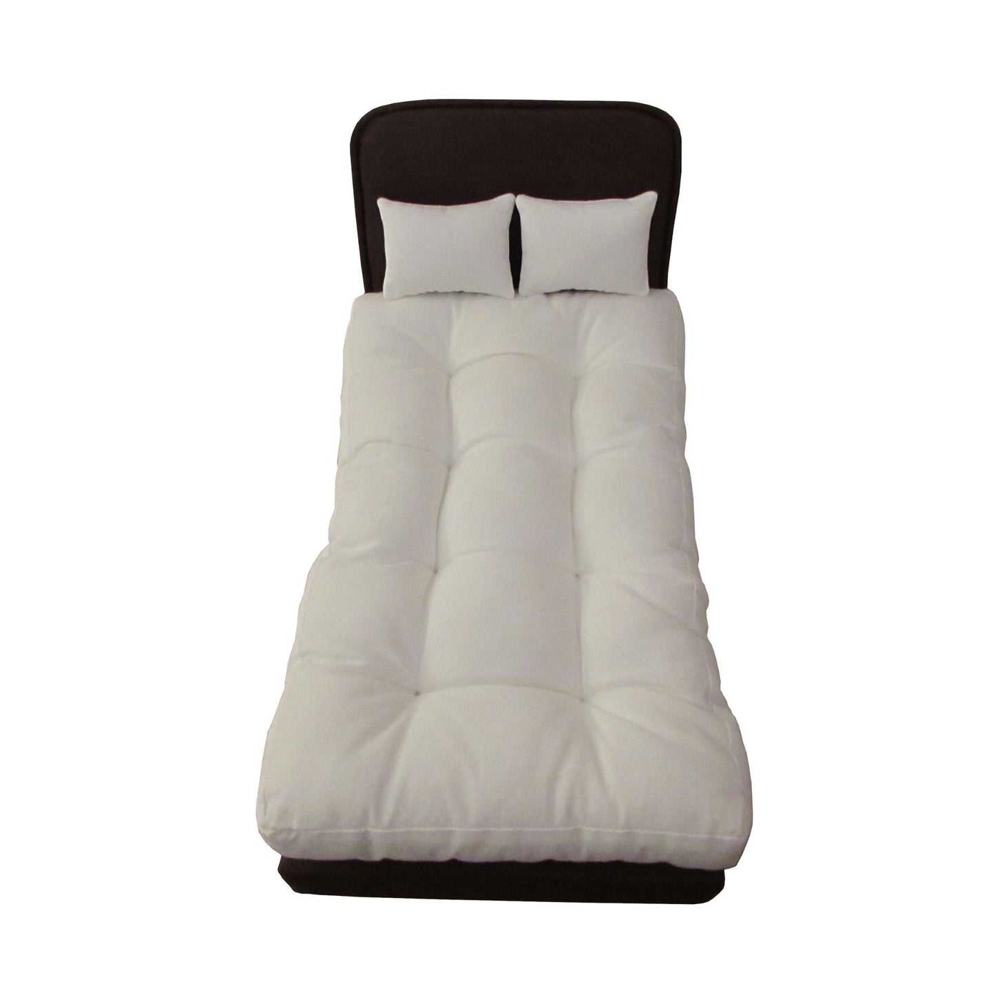 White tufted mattress and two pillows on a brown upholstered doll bed for 11.5-inch to 12-inch dolls