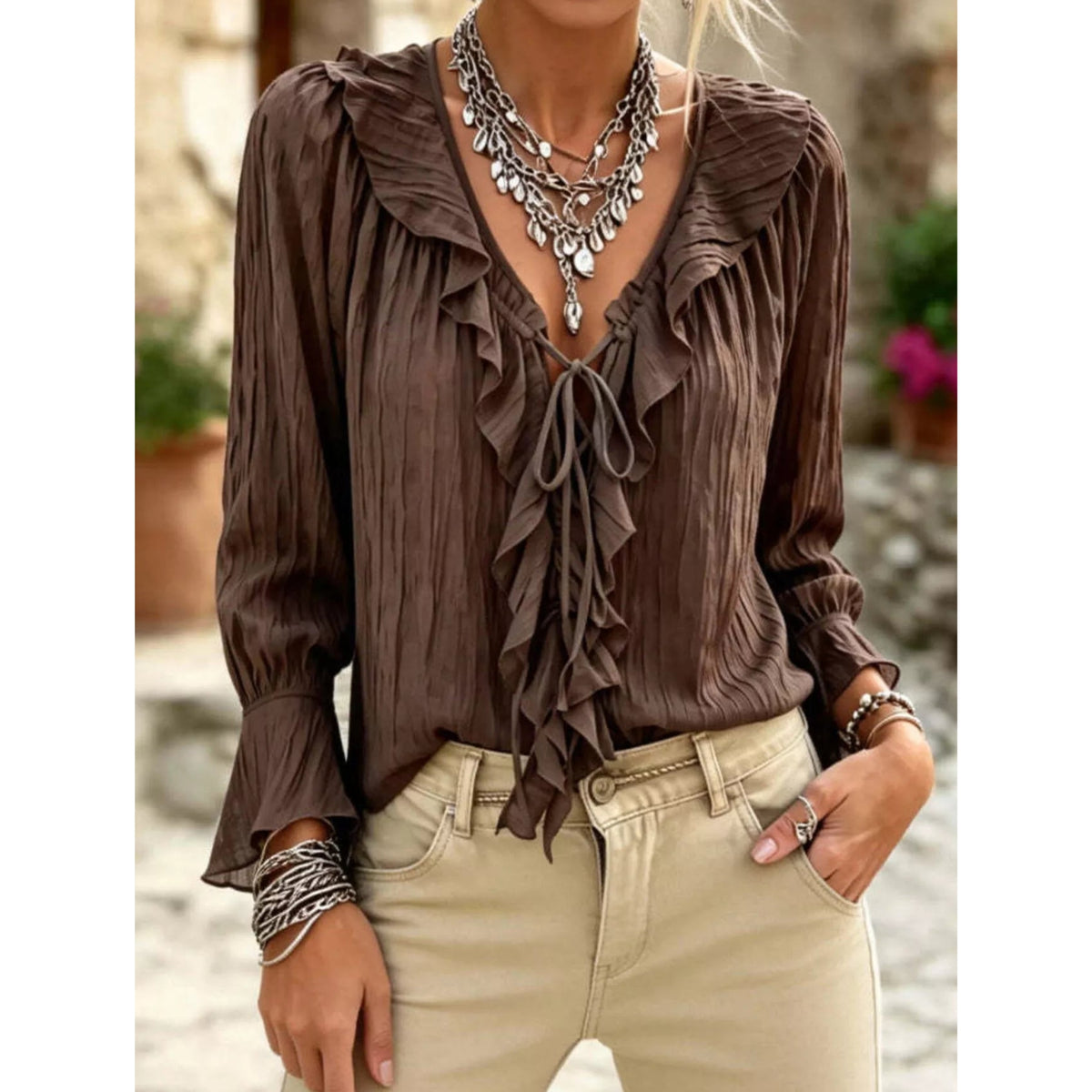 Full Size Ruffled Tie Neck Long Sleeve Blouse Plus Size