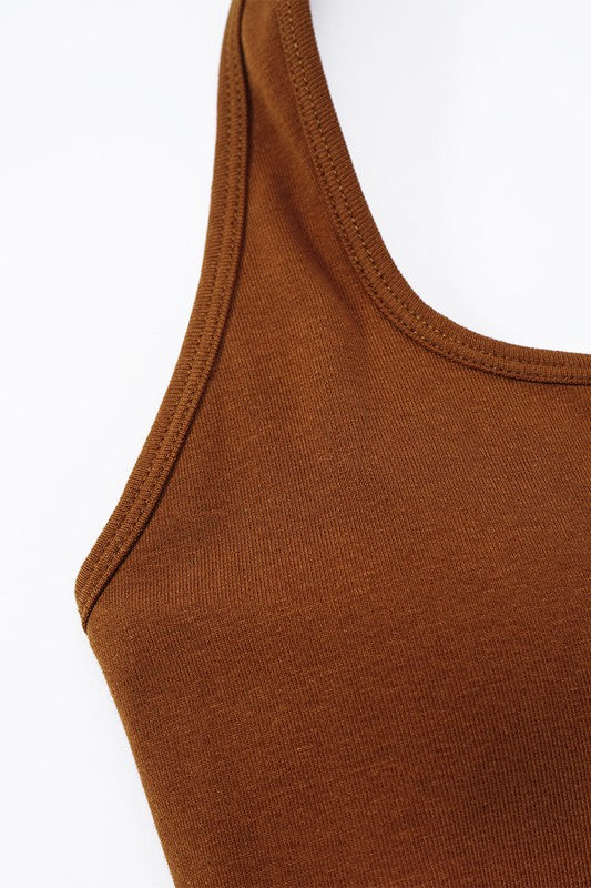 Brown Halterneck Sports Bra Side Stitching Up Close
