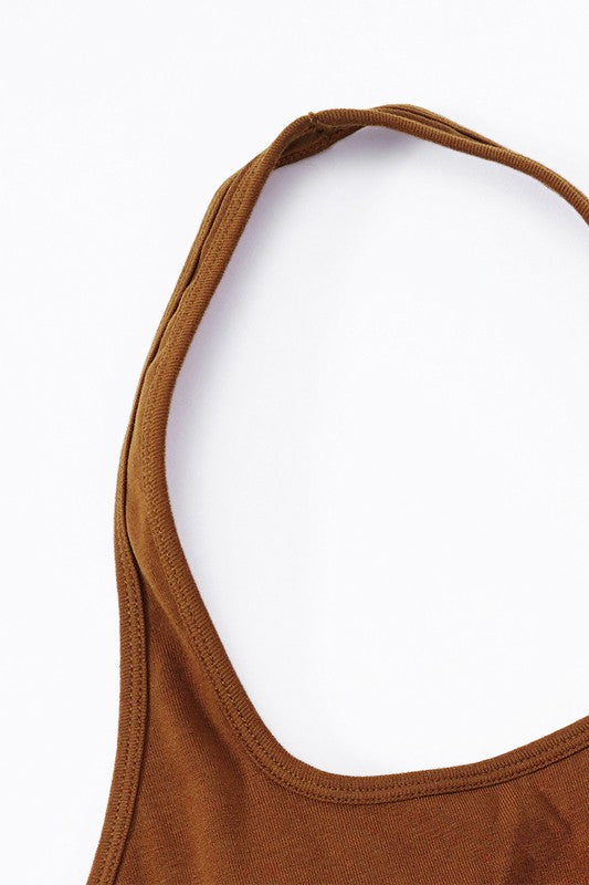 Brown Halterneck Sports Bra Strap Stitching Up Close