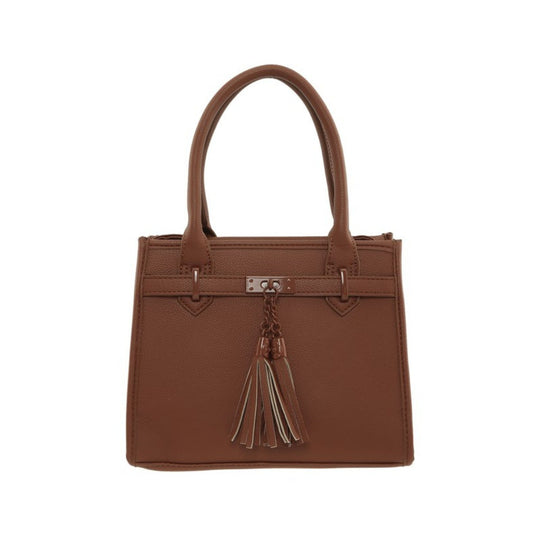 Brown handbag with a tassel on a white background