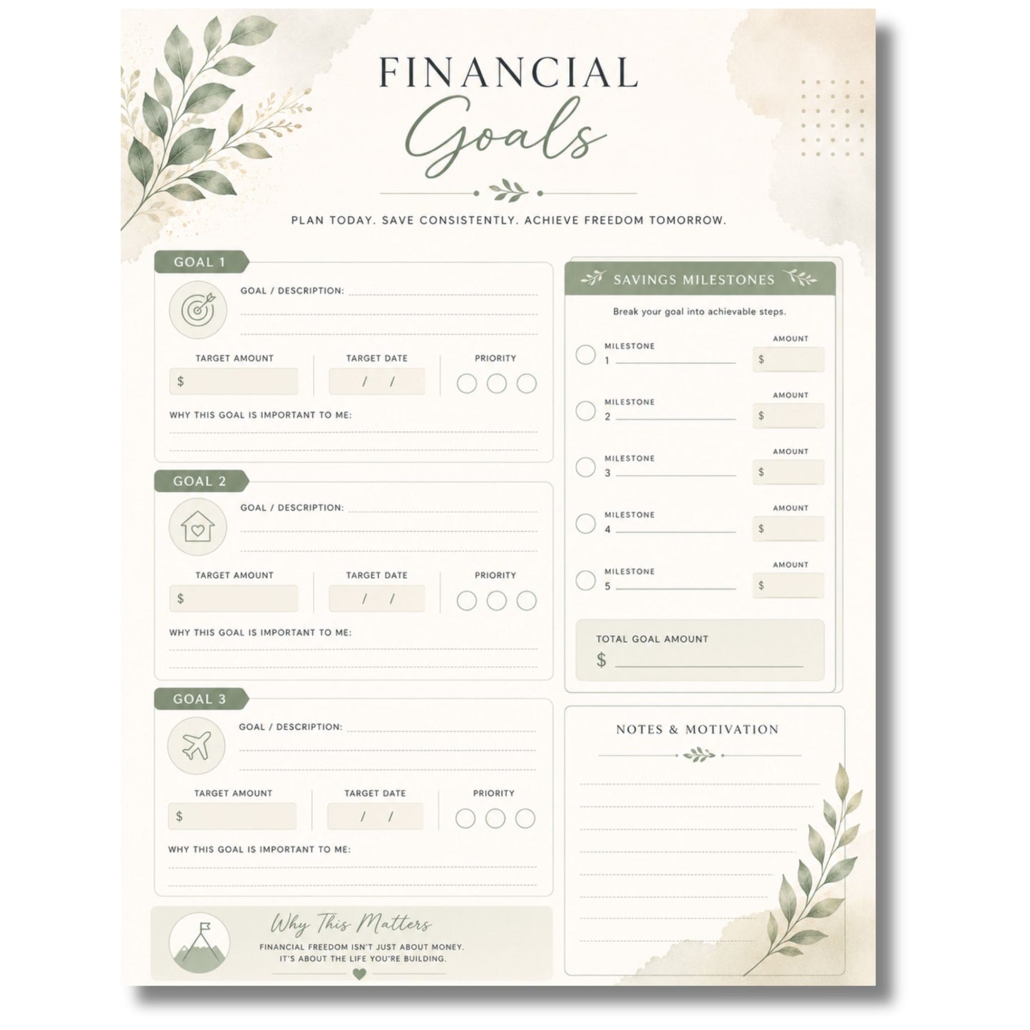 Financial goals planning sheet with greenery design on a white background