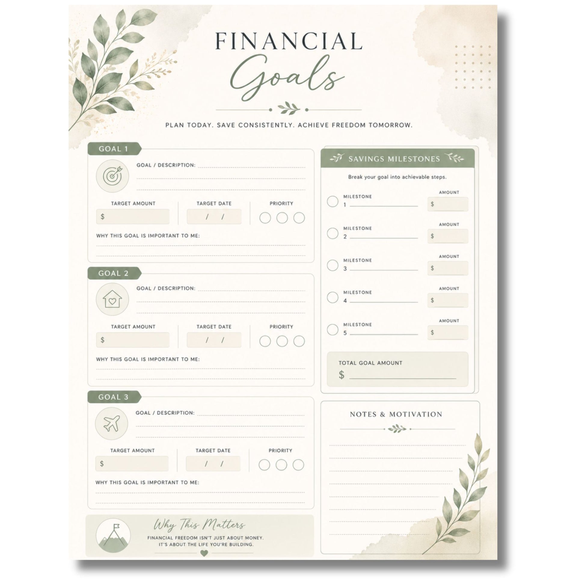 Financial goals planning sheet with greenery design on a white background