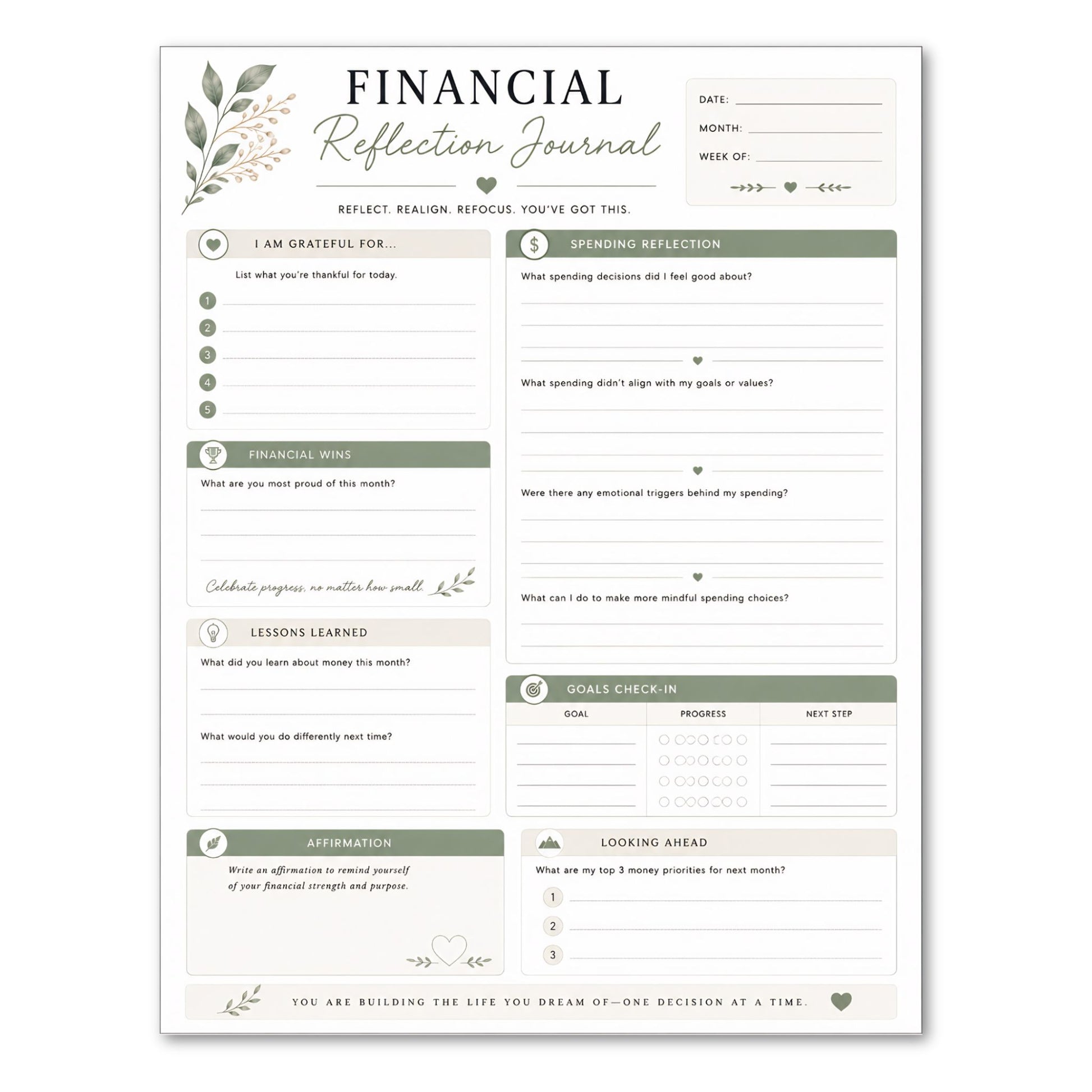 Financial reflection journal on a white background