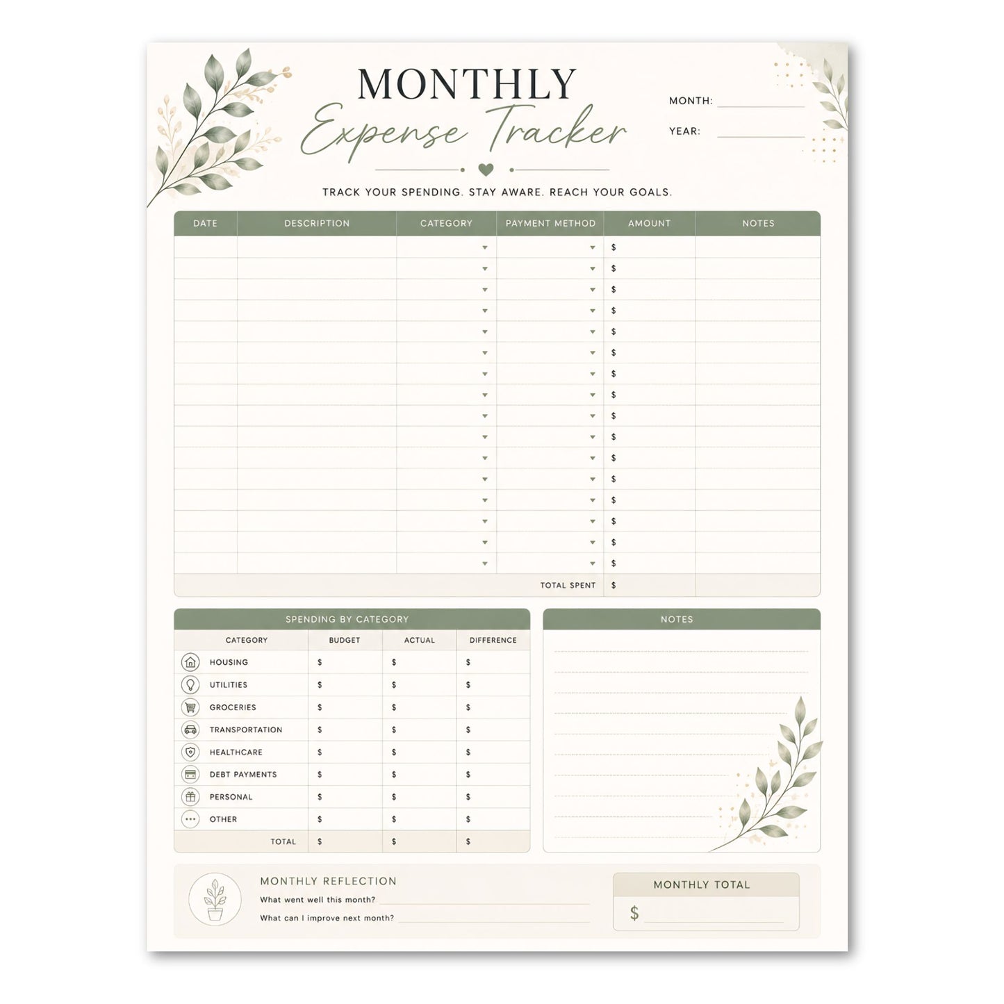 Monthly Expense Tracker sheet with green leaf designs.
