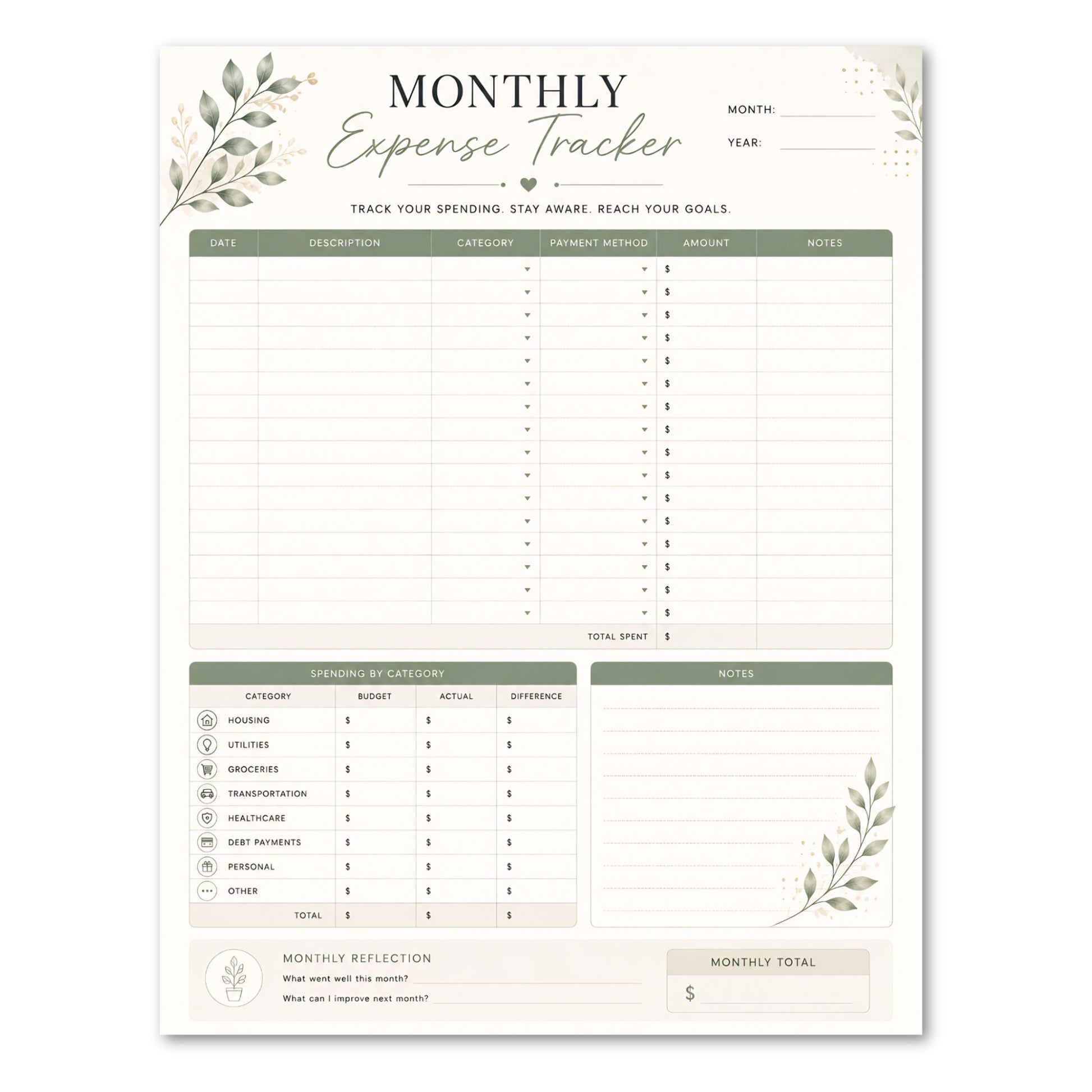 Monthly Expense Tracker sheet with green leaf designs.