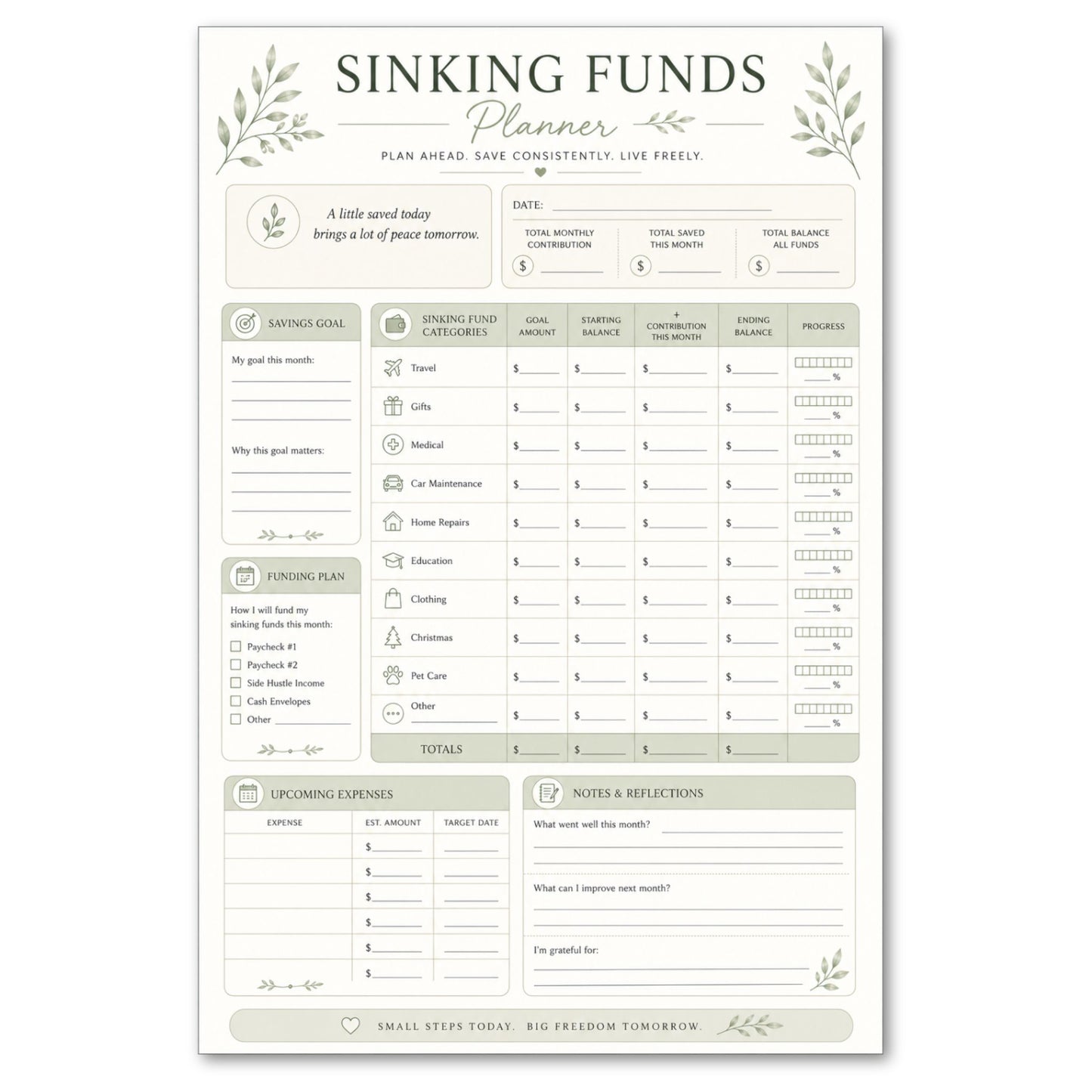 Sinking Funds planner with green floral design on a white background