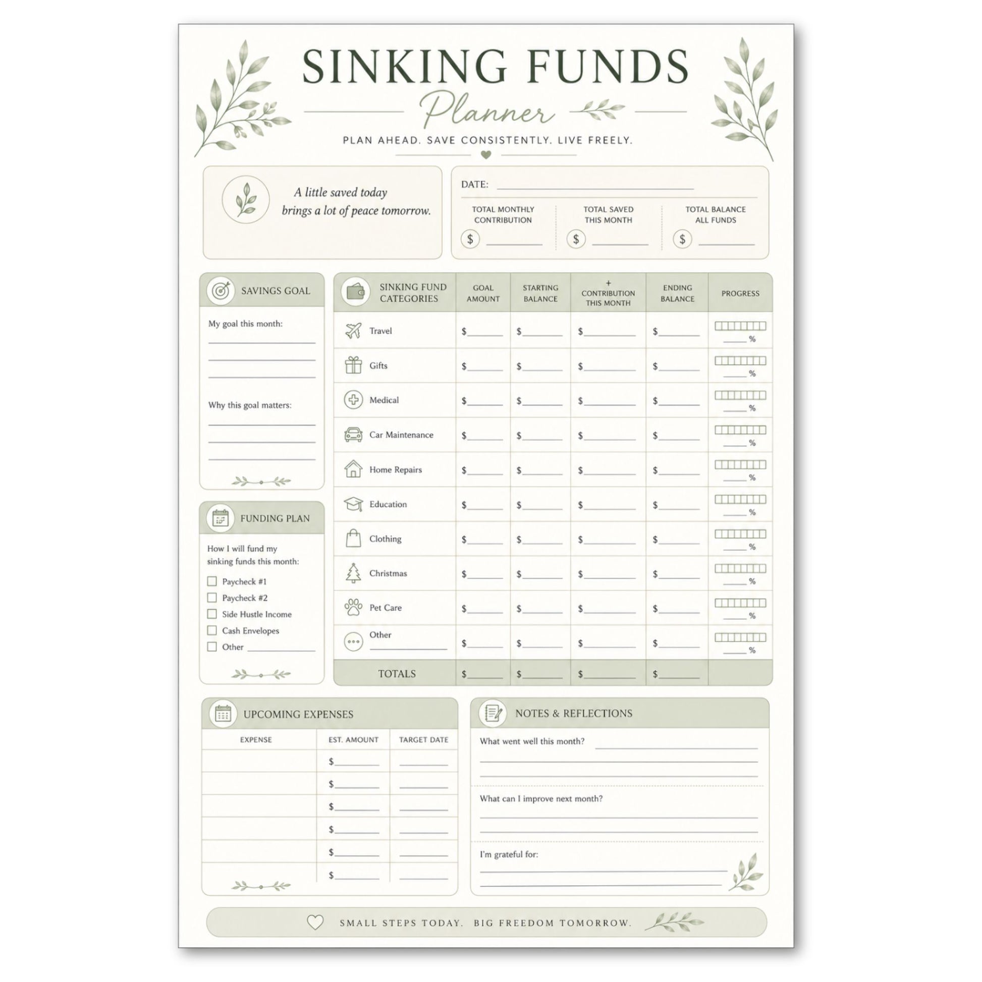 Sinking Funds planner with green floral design on a white background
