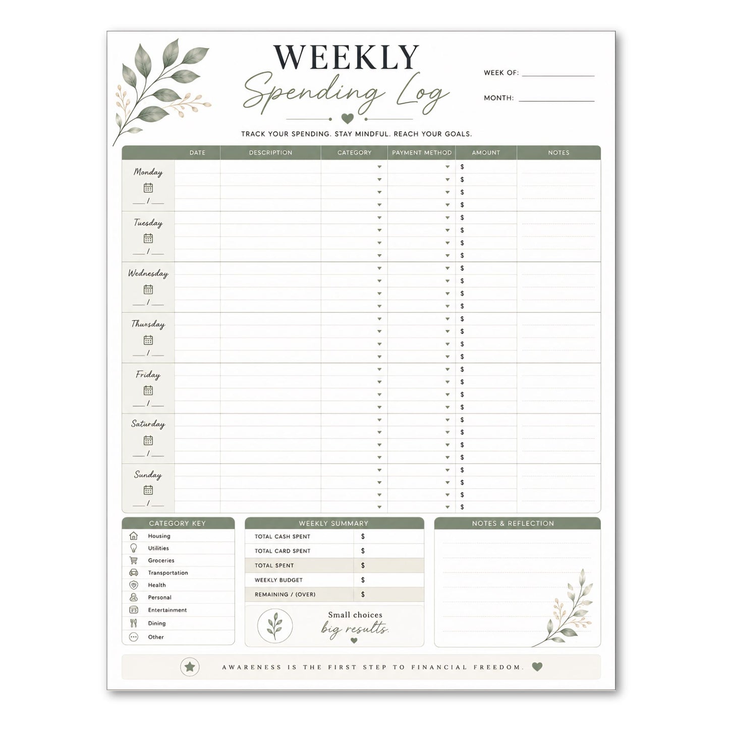 Weekly spending log sheet with green leaf designs on a white background