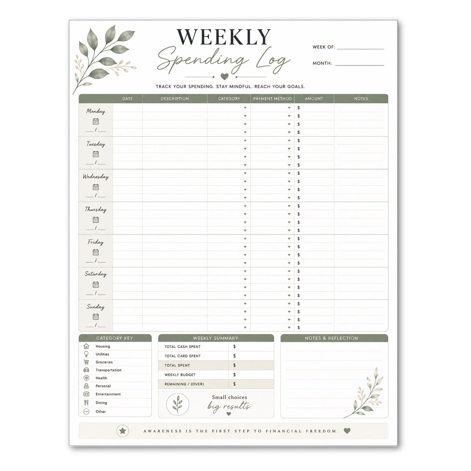 Weekly spending log sheet with green leaf designs on a white background