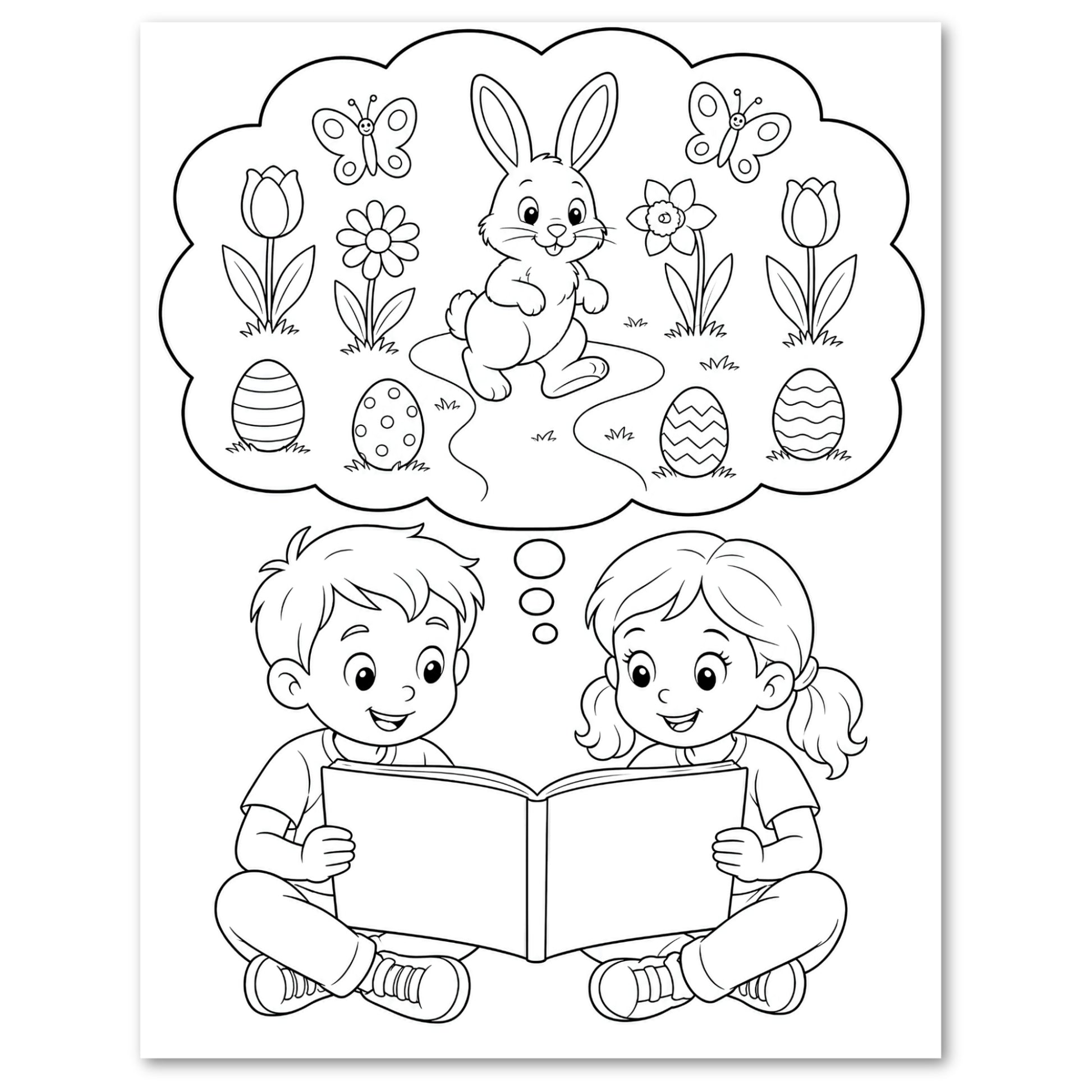 Black and white coloring page featuring a boy and a girl sitting and reading a book, with a large thought bubble above showing an Easter bunny, flowers, tulips, butterflies, and decorated Easter eggs.