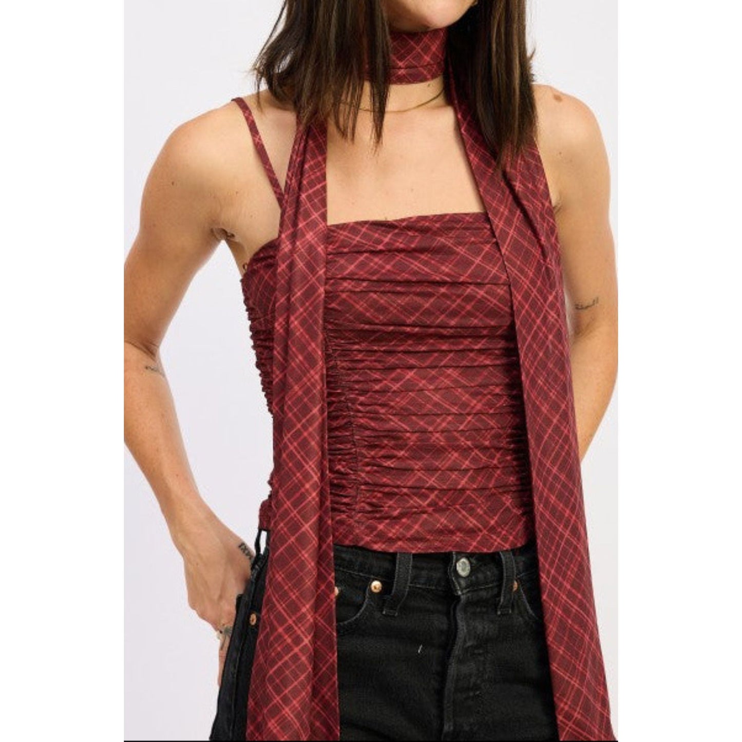 Spaghetti Strap Top with Scarf and Back Zipper