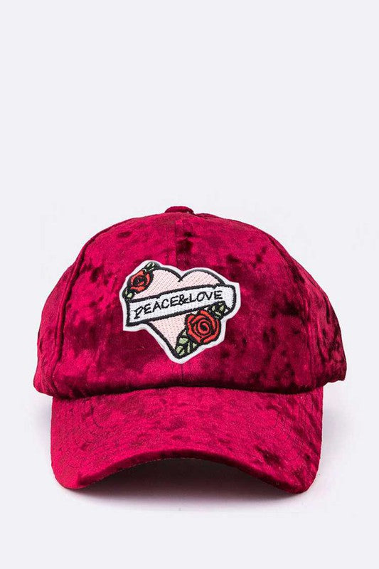 Burgundy Peace And Love Heart Patch Distress Velour Cap