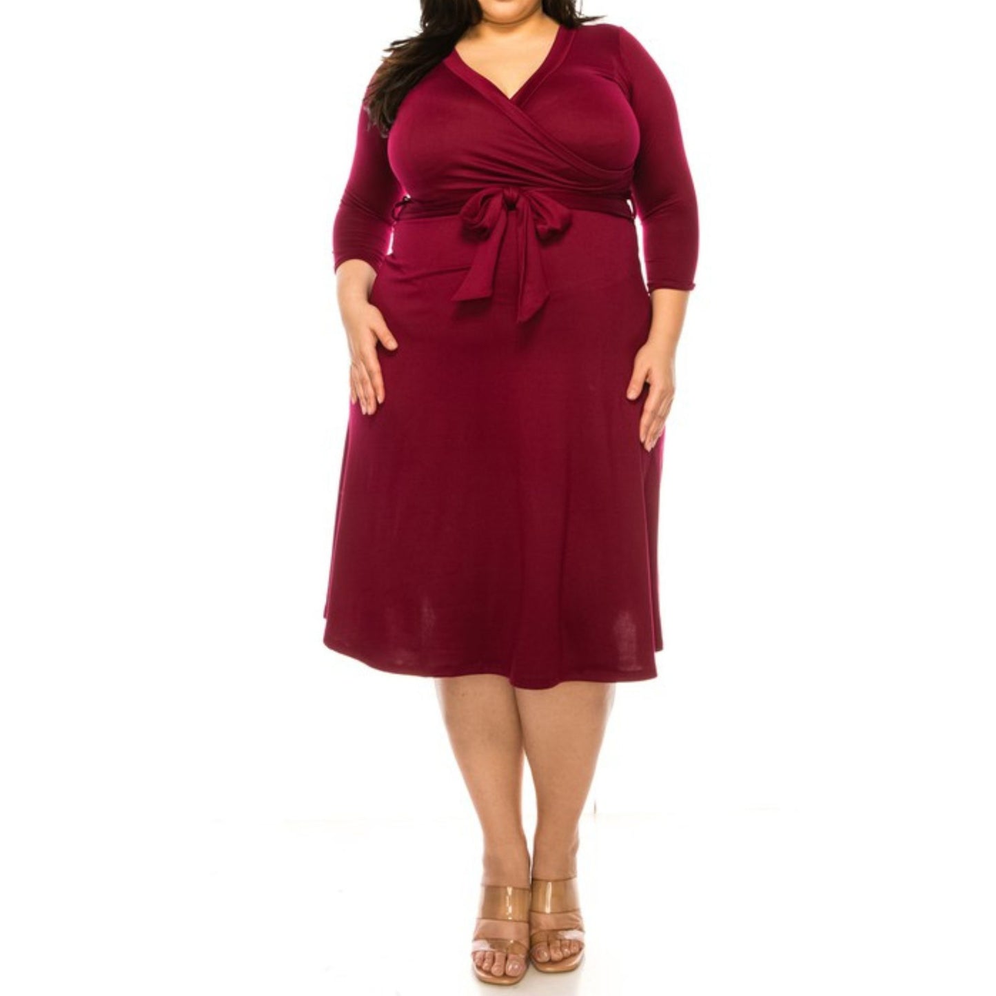 Maroon dress with a belt on a white background