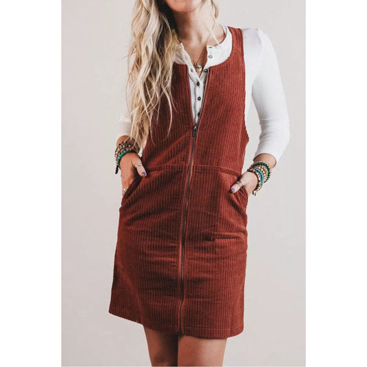Ribbed Corduroy Zip-Up Sleeveless Pocket Sheath Dress
