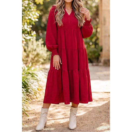 Solid Color Ruffle Trim Long Sleeve Tiered Shift Midi Dress