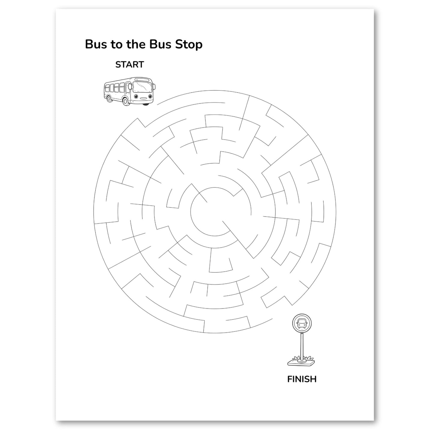 Labyrinth maze titled 'Bus to the Bus Stop' with a bus icon at the start and a bus stop sign at the end on a white background.