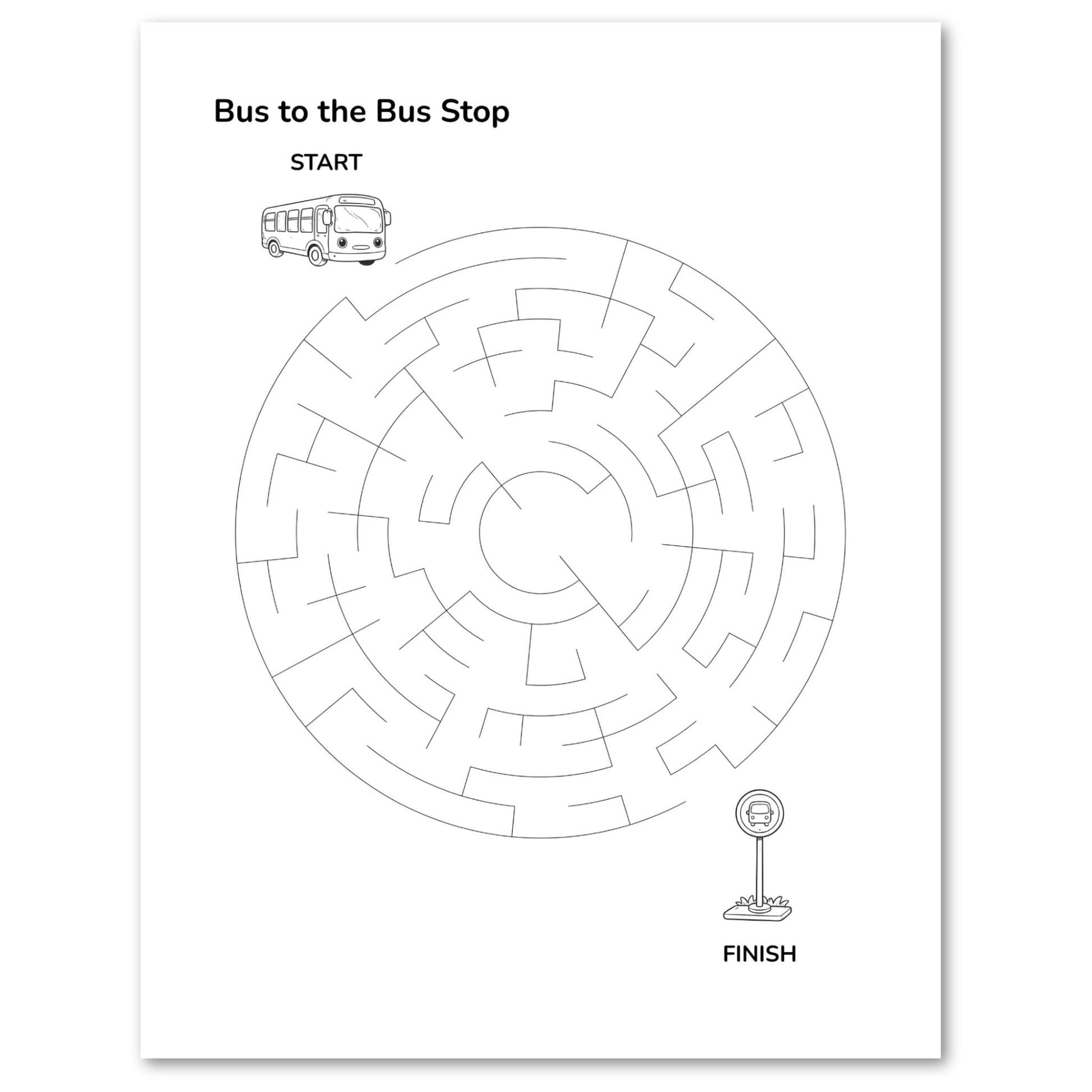 Labyrinth maze titled 'Bus to the Bus Stop' with a bus icon at the start and a bus stop sign at the end on a white background.