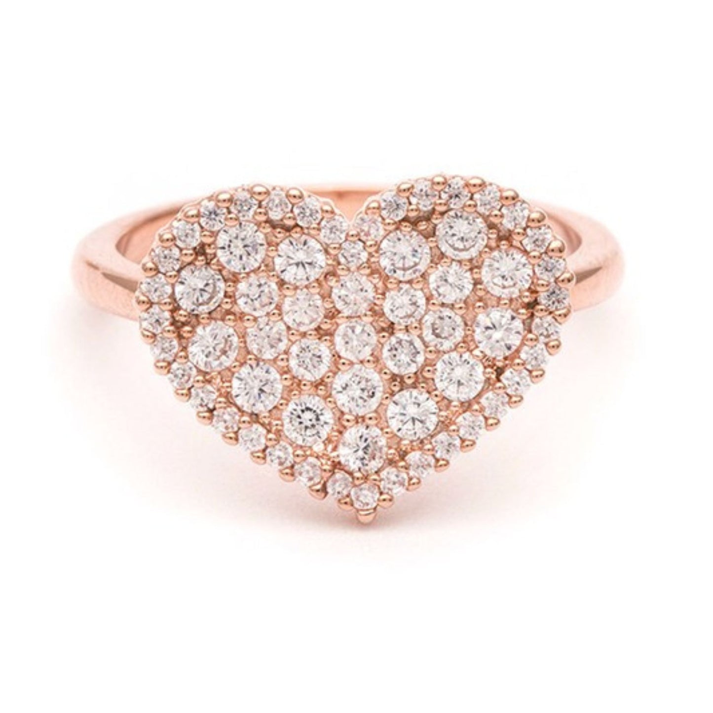 Heart-shaped ring with rose gold band and clear gemstones on a white background