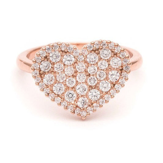 Heart-shaped ring with rose gold band and clear gemstones on a white background
