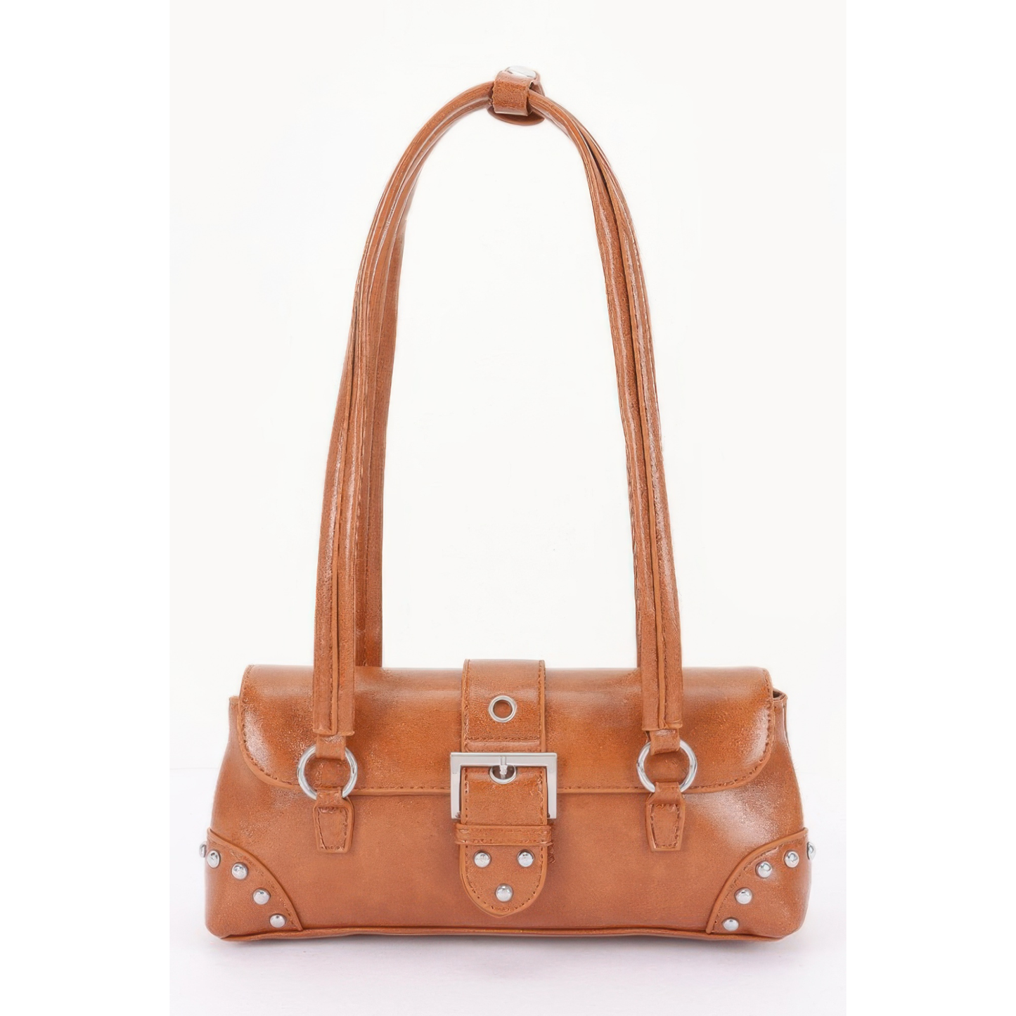 Camel Vegan Leather Metal Studded Shoulder Bag