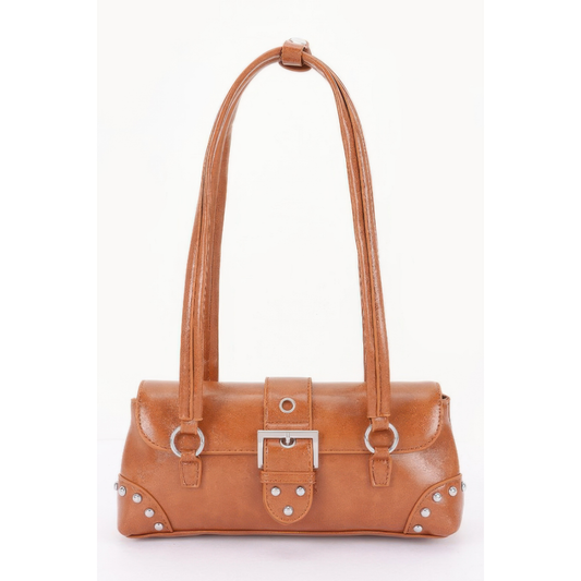 Camel Vegan Leather Metal Studded Shoulder Bag
