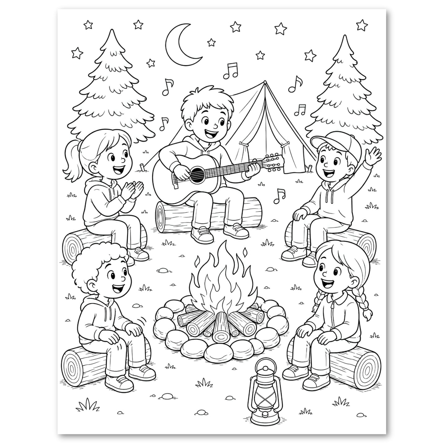 Black and white line art illustration of children camping around a campfire, with a tent, trees, stars, moon, and musical notes.