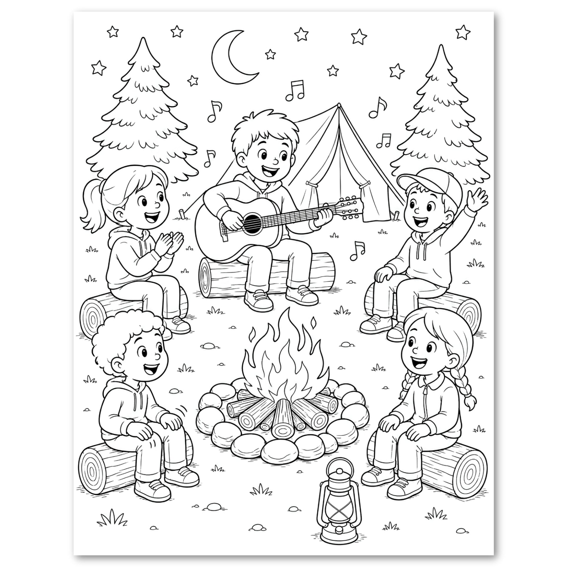 Black and white line art illustration of children camping around a campfire, with a tent, trees, stars, moon, and musical notes.
