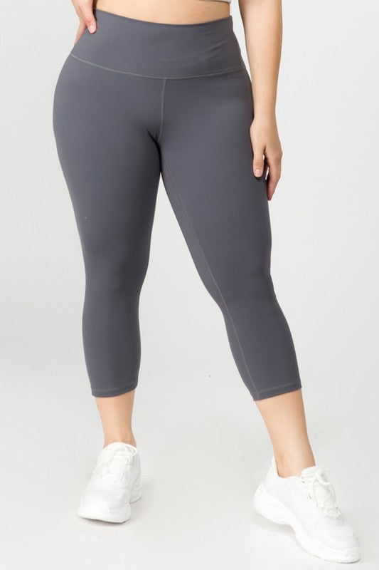 Charcoal Buttery Soft Capri Activewear  Leggings Plus Front view on Model