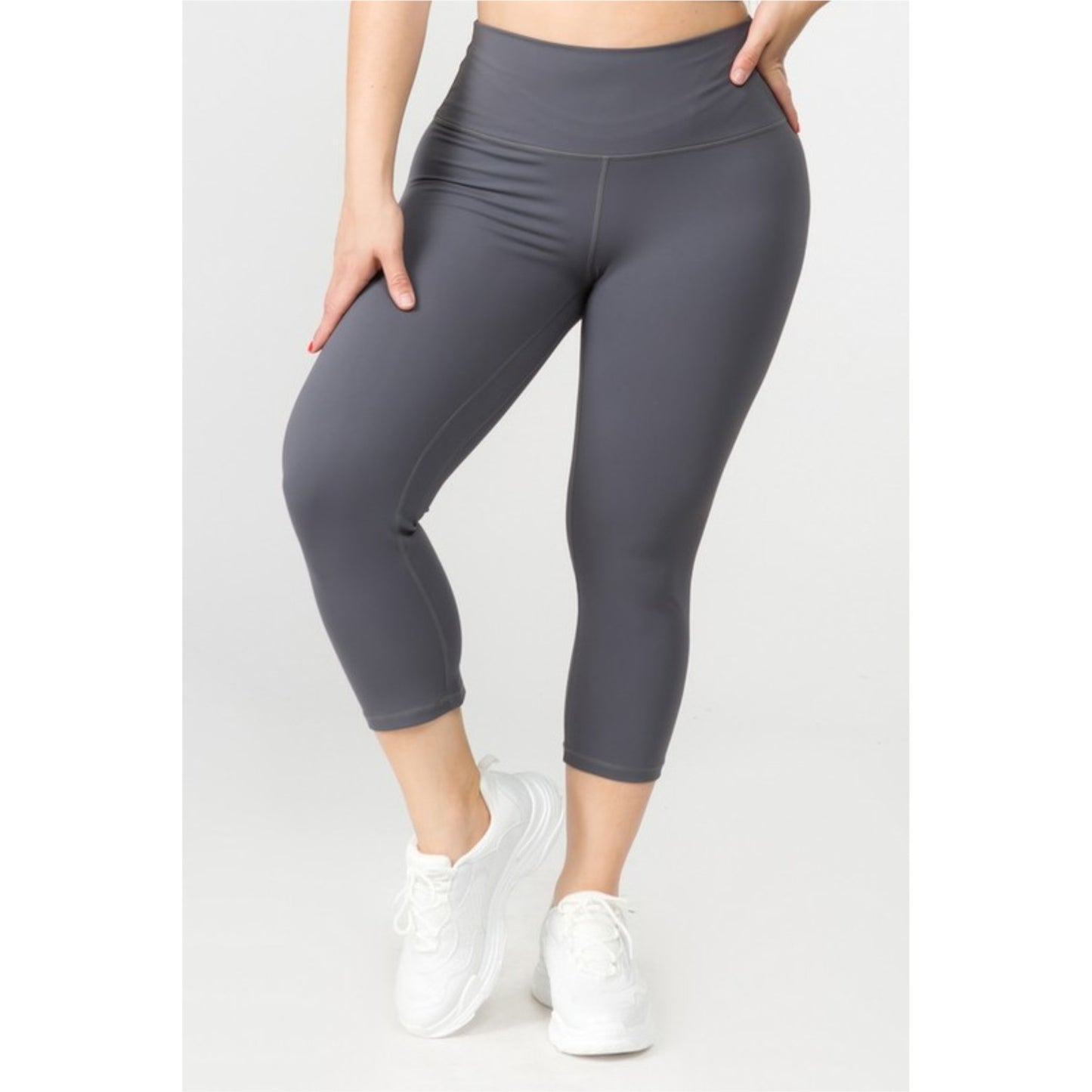 Charcoal Buttery Soft Capri Activewear  Leggings Plus on Model Front view Right knee bent