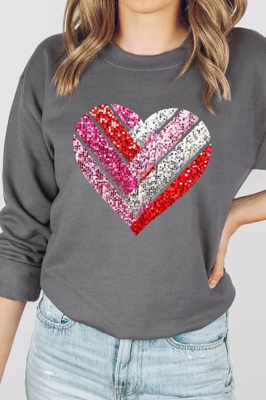 Charcoal Faux Sequins Striped Heart Graphic Sweatshirt