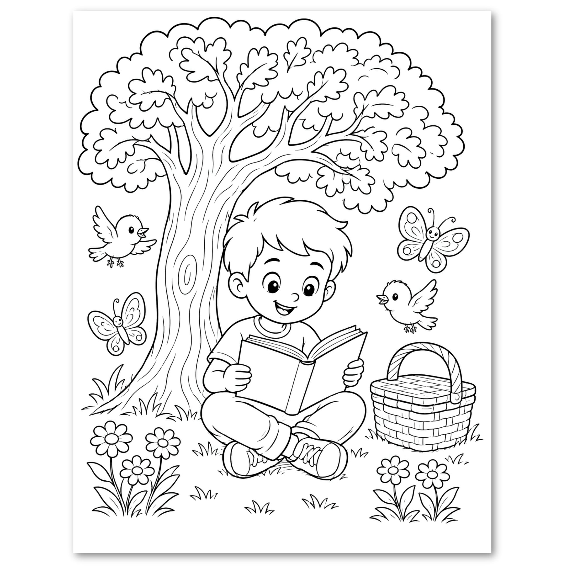 Black-and-white illustration of boy sitting beneath a tree reading a book.