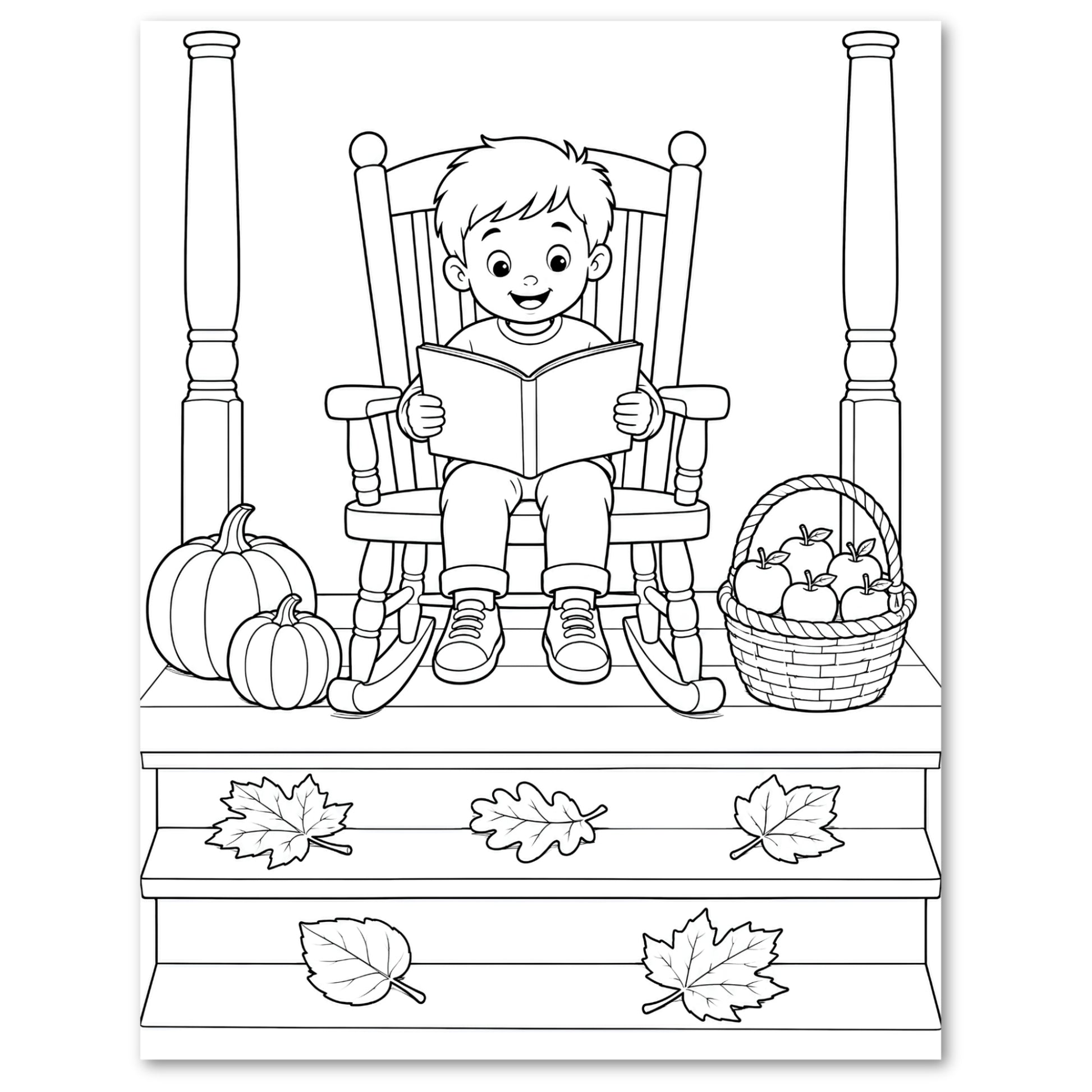 Black and white line art illustration of a boy sitting in a rocking chair reading a book on a porch, with pumpkins, a basket of apples, and autumn leaves.