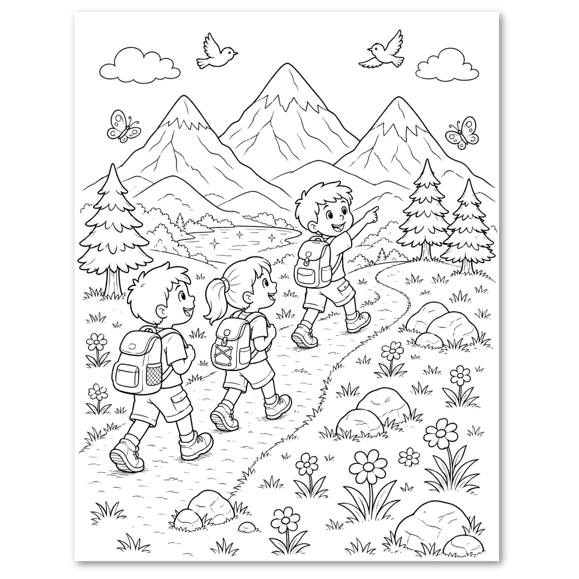 Black and white line art coloring page featuring three children hiking along a path with mountains, trees, flowers, birds, and butterflies in the background.